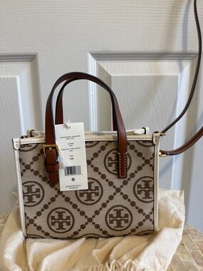 Tory Burch hazelnut  and new ivory Logo Jacquard mini tote